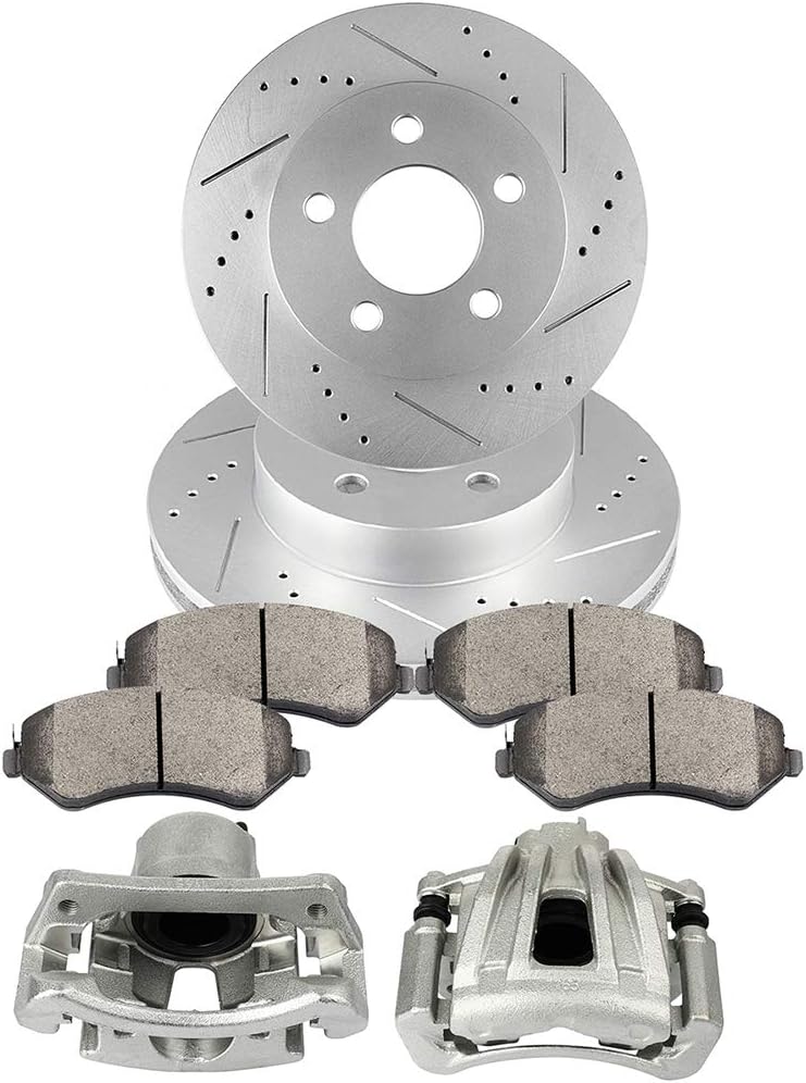 INEEDUP Front Left & Right Disc Brake Kit - 11.35"" Drilled & Slotted Brake Rotors and Calipers with Bracket and Ceramic Pads For Jeep Liberty 2002-2007 (8PCS), 835562-5208-1005387593
