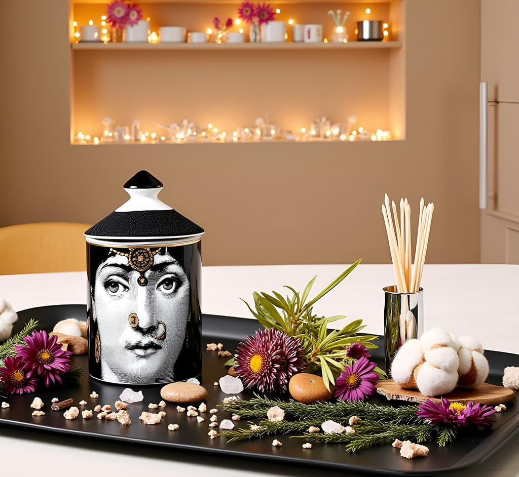 AlphaDesignLuxe Decorative Candle Holder Handcrafted Aromatherapy Candle Jar Italian Designer Décor Fashionable Tabletop Vase Modern Art Female Face Eyes Lips Centerpiece. (Floral Yellow)