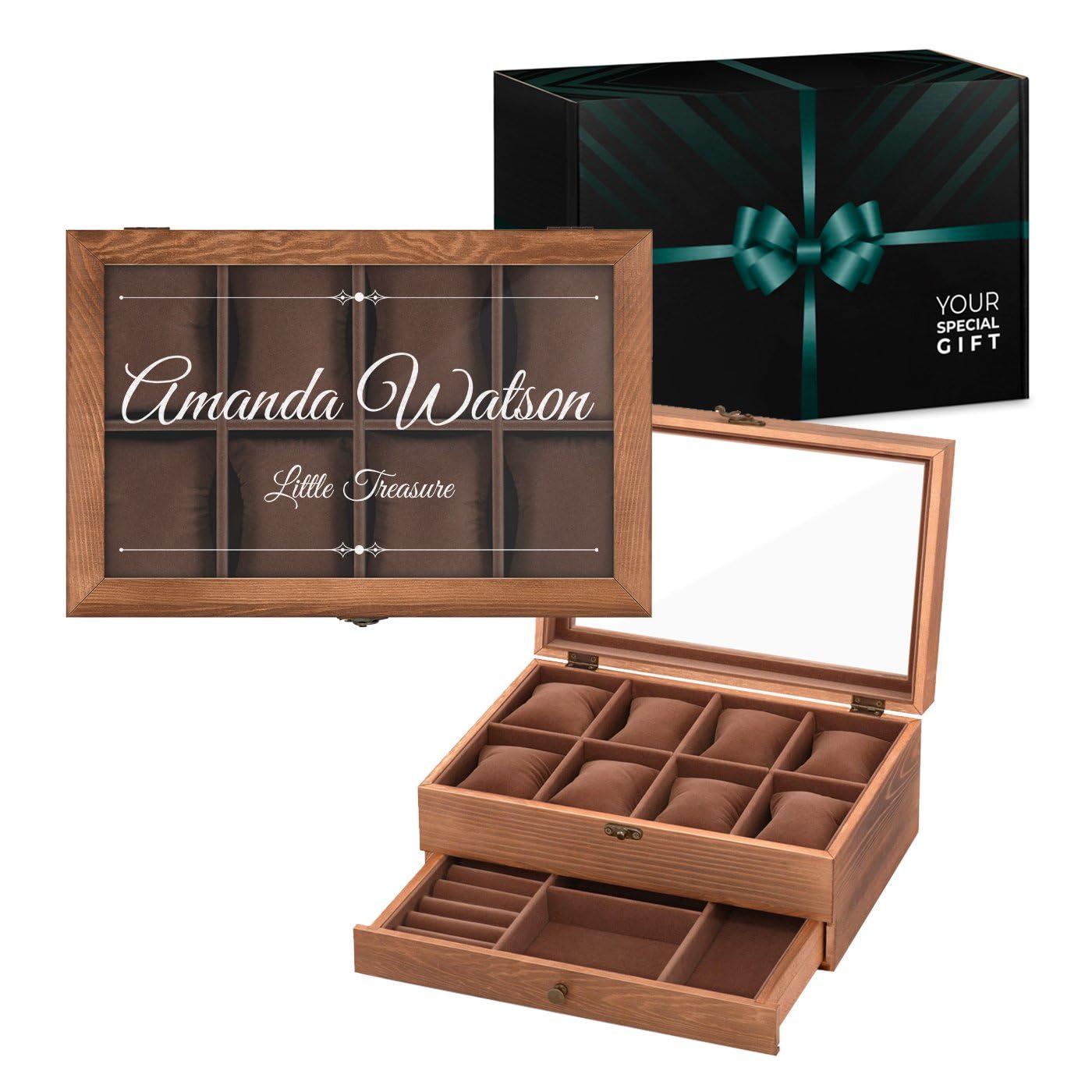 Maverton Personalised Brown Watch box for women - Box with a drawer - Watch organiser with engraving - For Birthday - 8 watches display box for anniversary - Customised Watch Case - Treasure