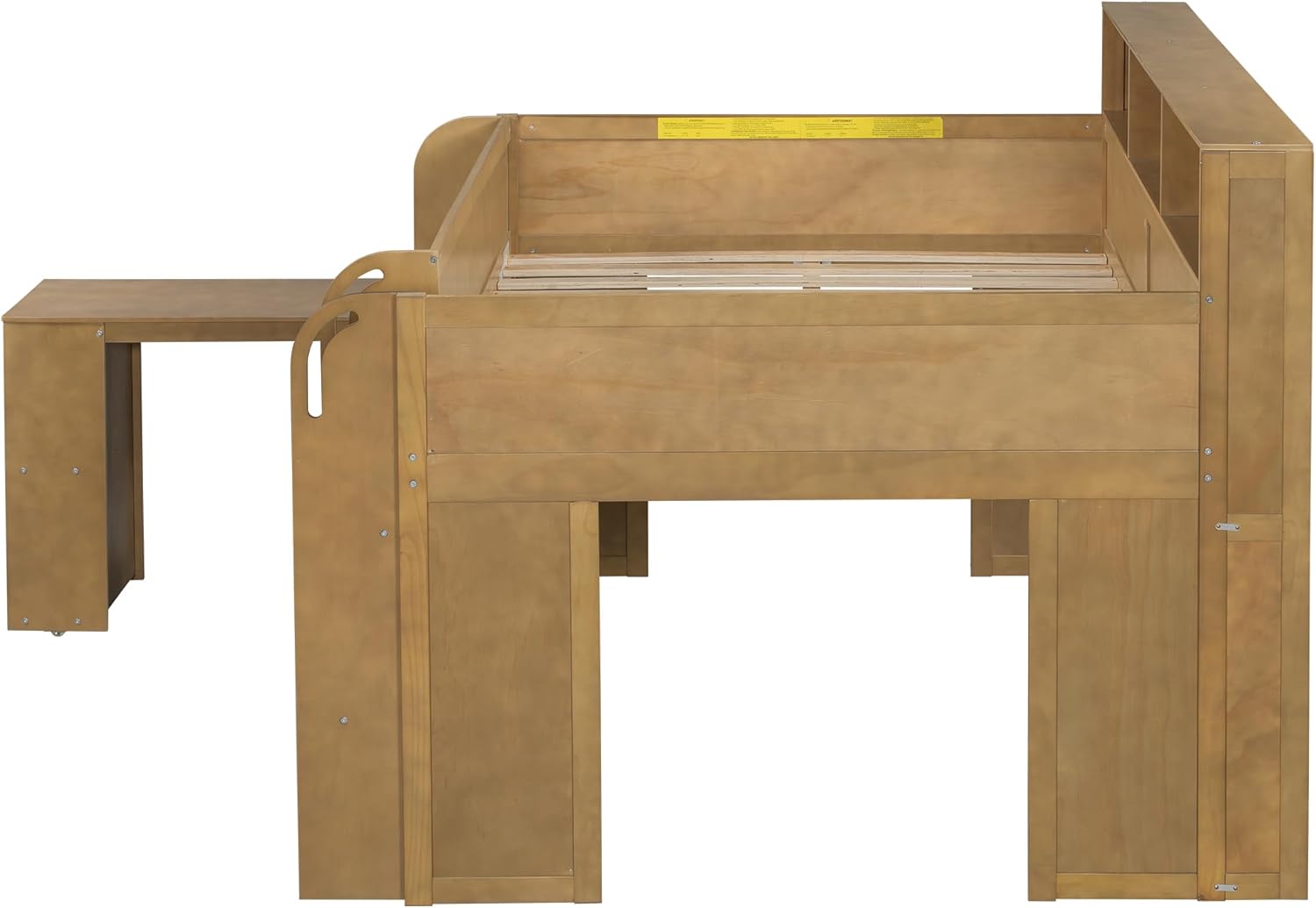 Full Size Low Loft Bed with Play Area Under, Playhouse Loft Bed Frame with Storage Shelves and Desk, Wood Kids Bed with Play Space and LED, Walnut