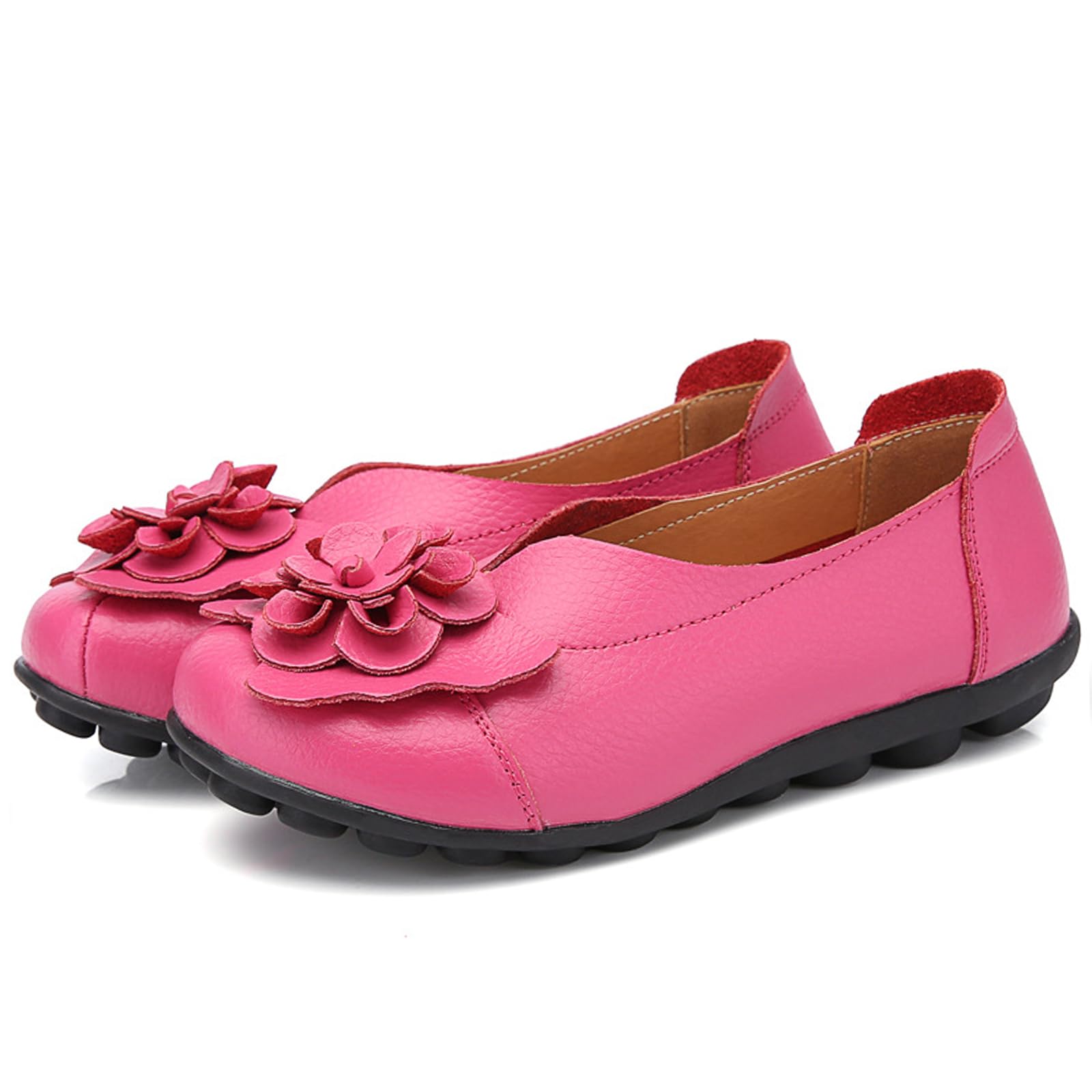 NEKGNL Women's Genuine Leather Flowers Loafers Comfortable Round Toe Soft Bottom Slip On Driving Flats Lightweight Non-Slip Mom Nurse Walking Shoes