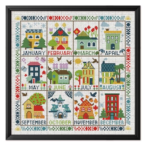 Image of FREEBLOSS 11CT Cross Stitch Kit Stamped Cross Stitch Craft Kit with Stitching Guide for Beginners Monthly House Embroidery Set Crossstitch Wall Hanging Set 17.7x17.7inch