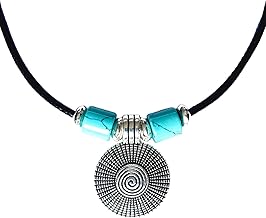 ASTER ALHELÍ - Women's Silver Spiral Pendant and Turquoise Stone – Men's Waxed Leather Necklace with Stainless Steel Clasp – Celtic Spiral Amulet Perfect for Gift