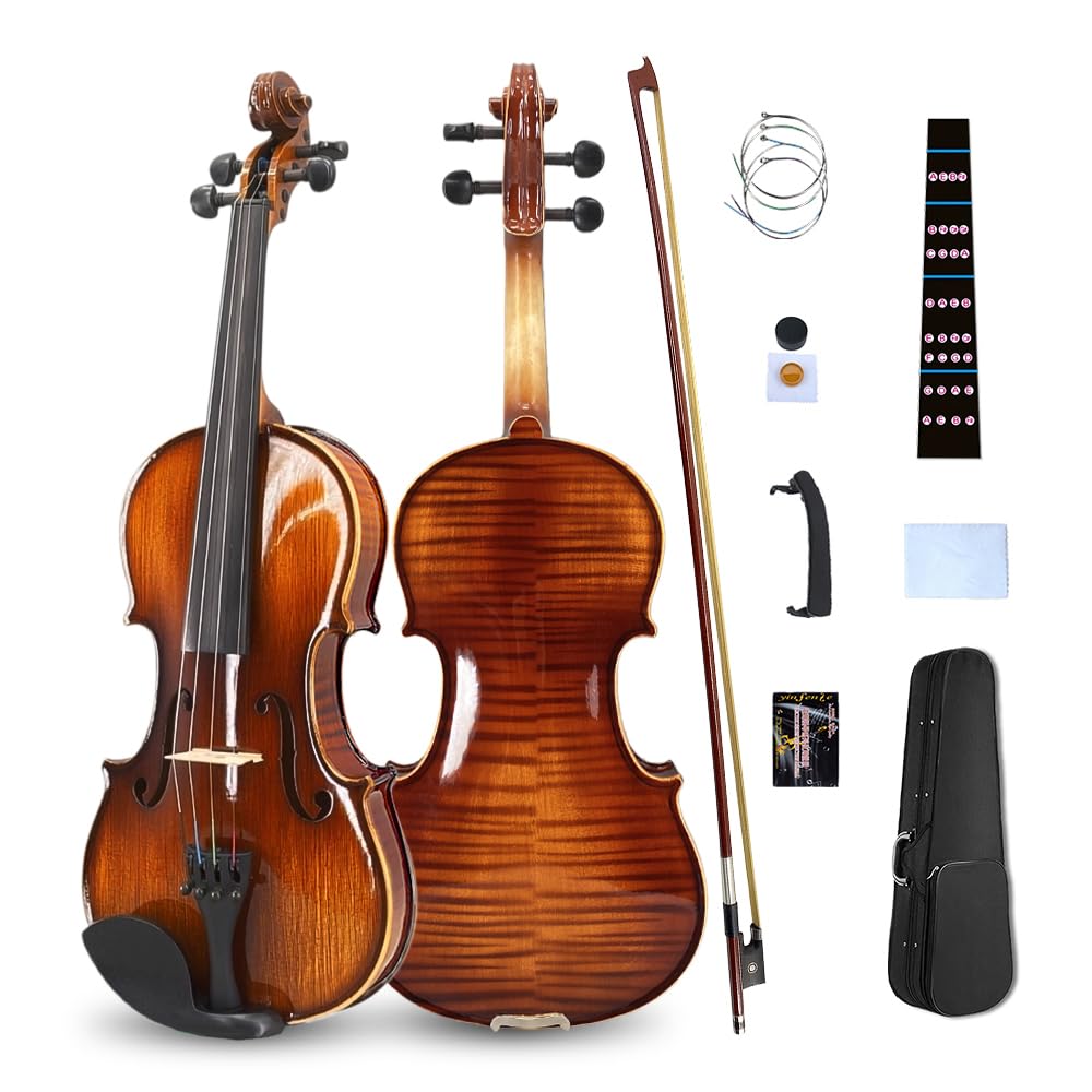 Vetimobato Kit complet de violon 4/4 fait à la main – Dos et éclisses en érable massif avec étui de rangement, archet, repose-épaules et cordes pour joueurs débutants (marron foncé, 4/4)