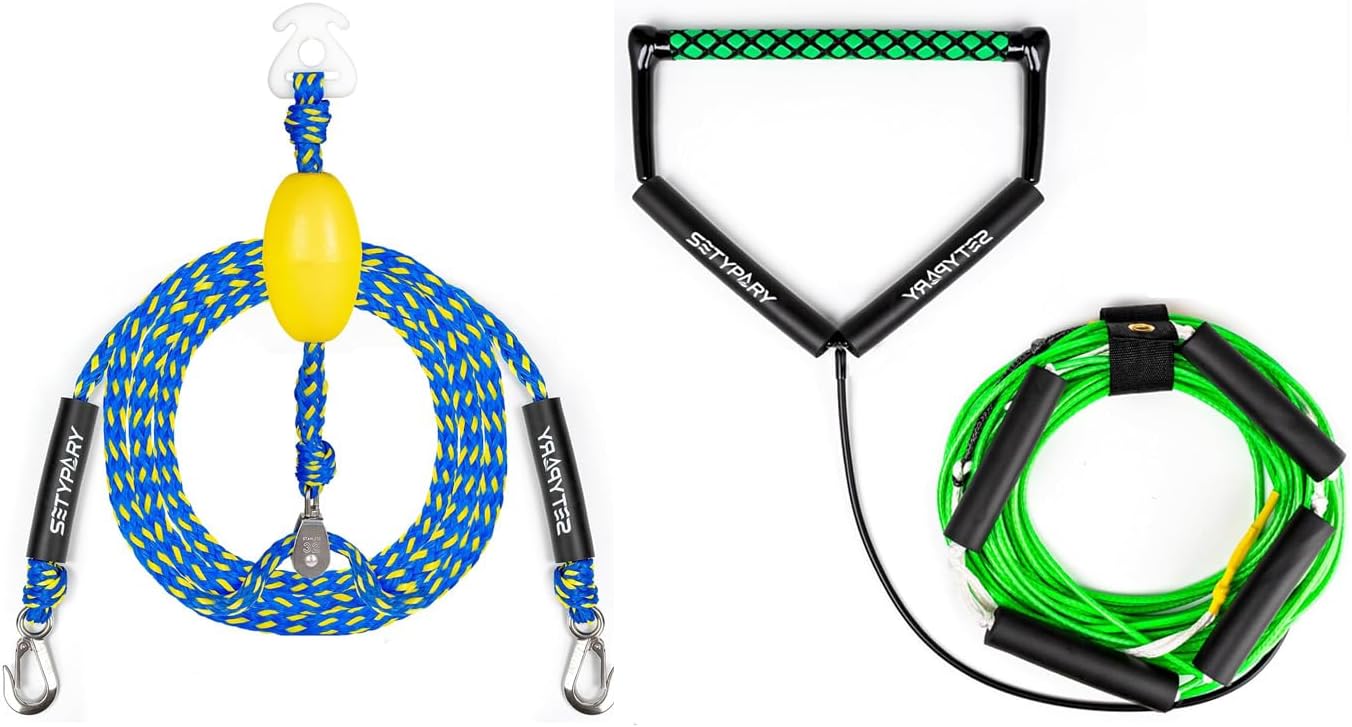 Self-Centering Boat Tow Harness (Blue & Yellow) & 75FT Dyneema Wakeboard Rope (Green) Combo – Floating Tubing Harness & No-Stretch Rope with Handle for Wakeboarding, Watersports