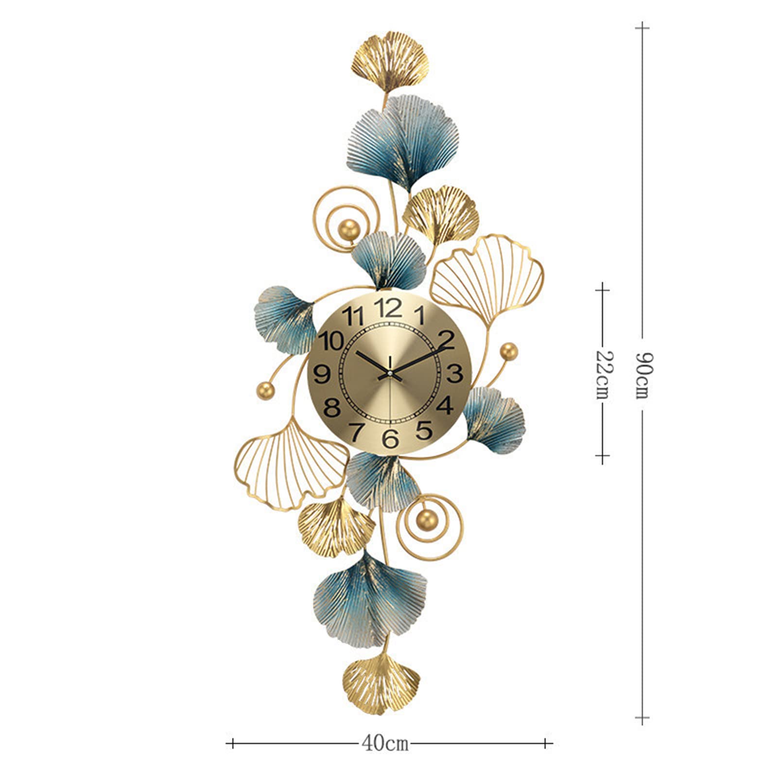 Wall Clock Modern Art Wall Clock Oversized Metal Ginkgo Leaves Wall Clock, Battery Operated Quartz Clock, Natural Art Decoration for Kitchen Dining Room Bedroom Wall Decor Clock, B 99x41cm