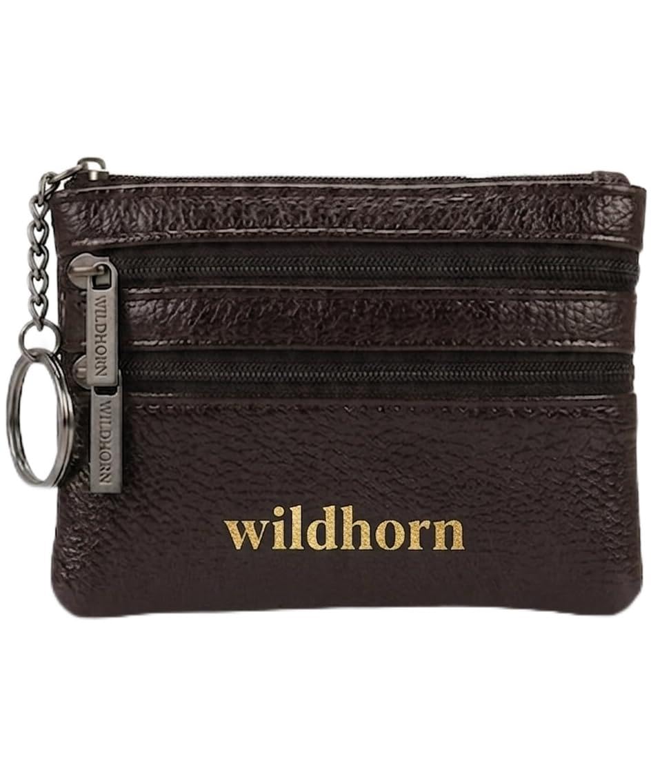 WildHorn Genuine Leather Wallet for Women, Coin Pouch | Key Ring Credit Card Holder | Small Zipper Wallet for Ladies | Mini Purse for Coins, Cards & Cash (Brown)