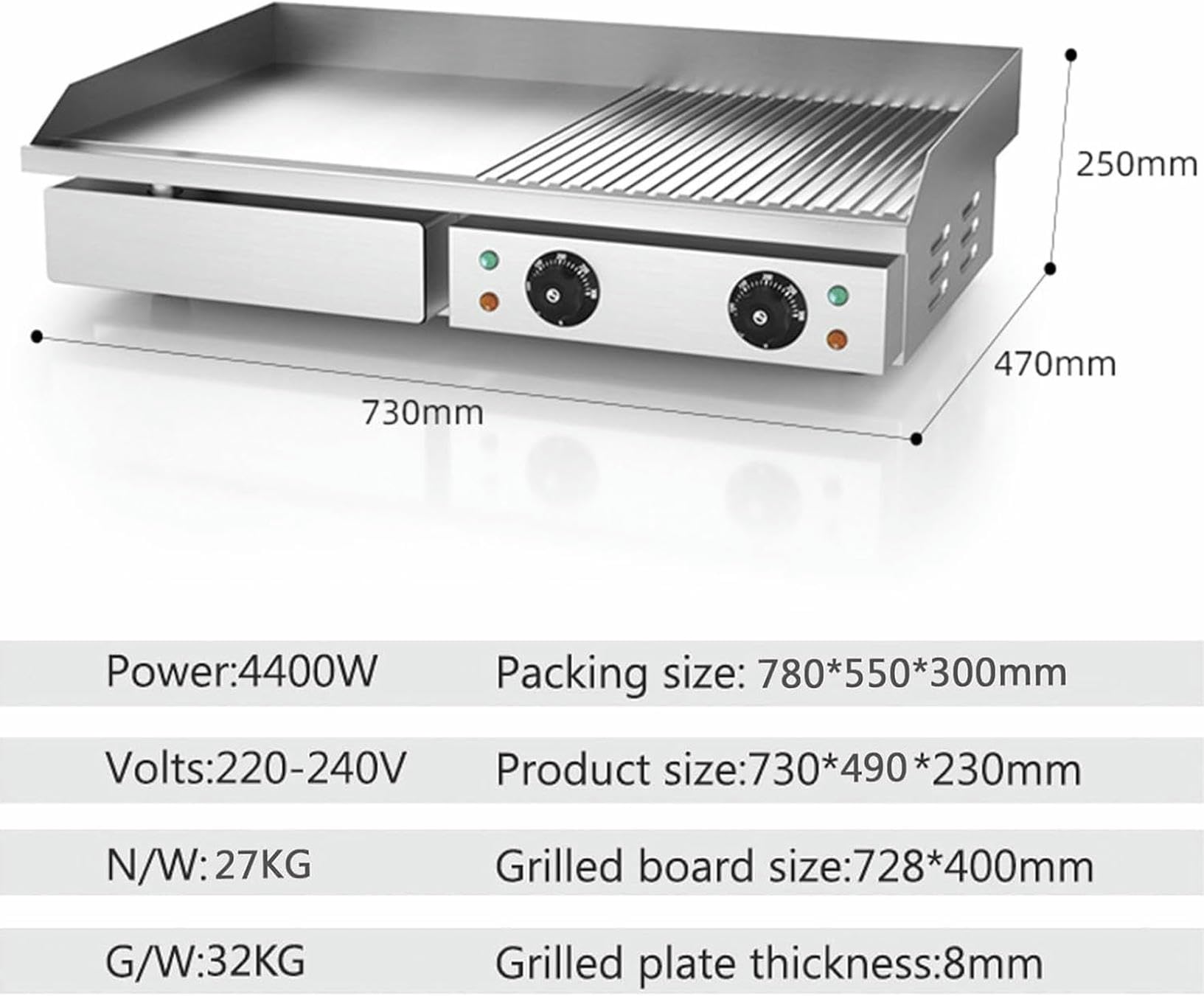 Piastra elettrica Commerciale da 28,7", 4400 W, Piastra elettrica da banco Piatta/metà scanalata, in Acciaio Inossidabile