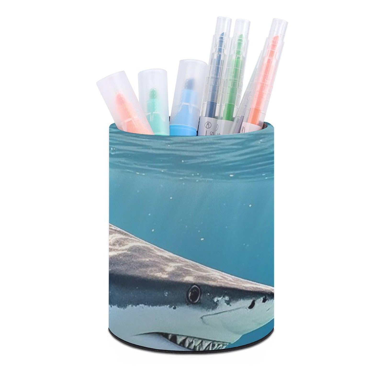 FekiLoot PU Leather Round Pen Holder Ocean Sea Animal Shark Pencil Holder Desk Organizer Pen Organizer Pen Cup Pencil Cup Caddy Desktop Stationery Organizers for Office Home Supplies
