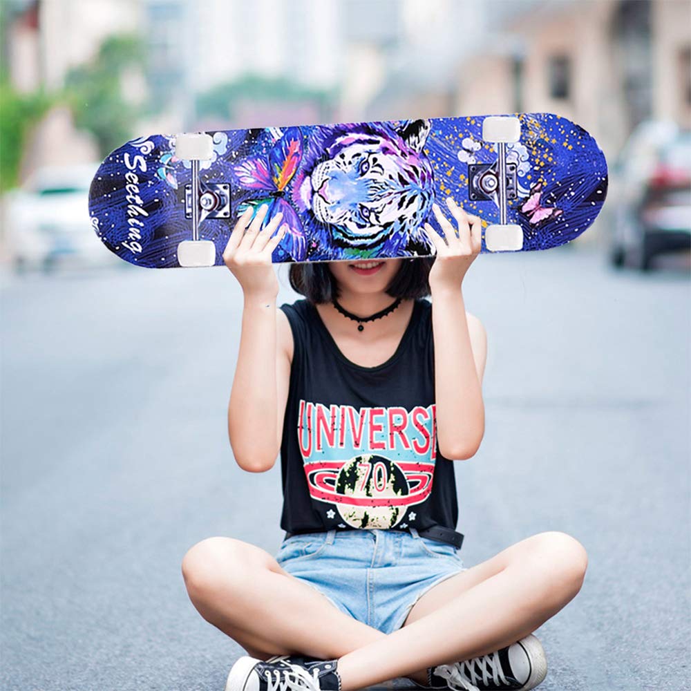 Skateboard completo con 7 strati di acero, tavola standard per ragazzi, ragazze, adolescenti, adulti e principianti, 78,7 cm x 20,3 cm, Blu