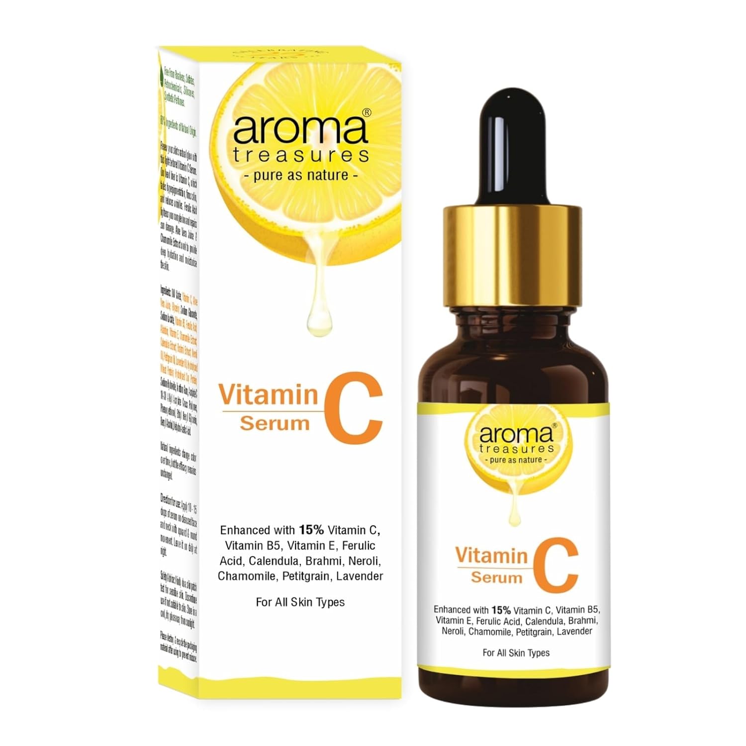 Aroma Treasures Vitamin C Face Serum for Glowing Skin with 15% Vitamin C, Ferulic Acid, Aloe Vera & Essential Oils – Brightens, Hydrates & Reduces Dark Spots – For All Skin Types – 30ml
