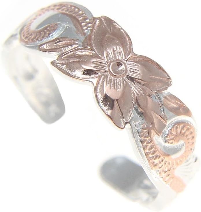 Arthur's Jewelry 925 sterling silver 2 tone pink rose gold plated Hawaiian plumeria flower scroll 6mm cut out open toe ring