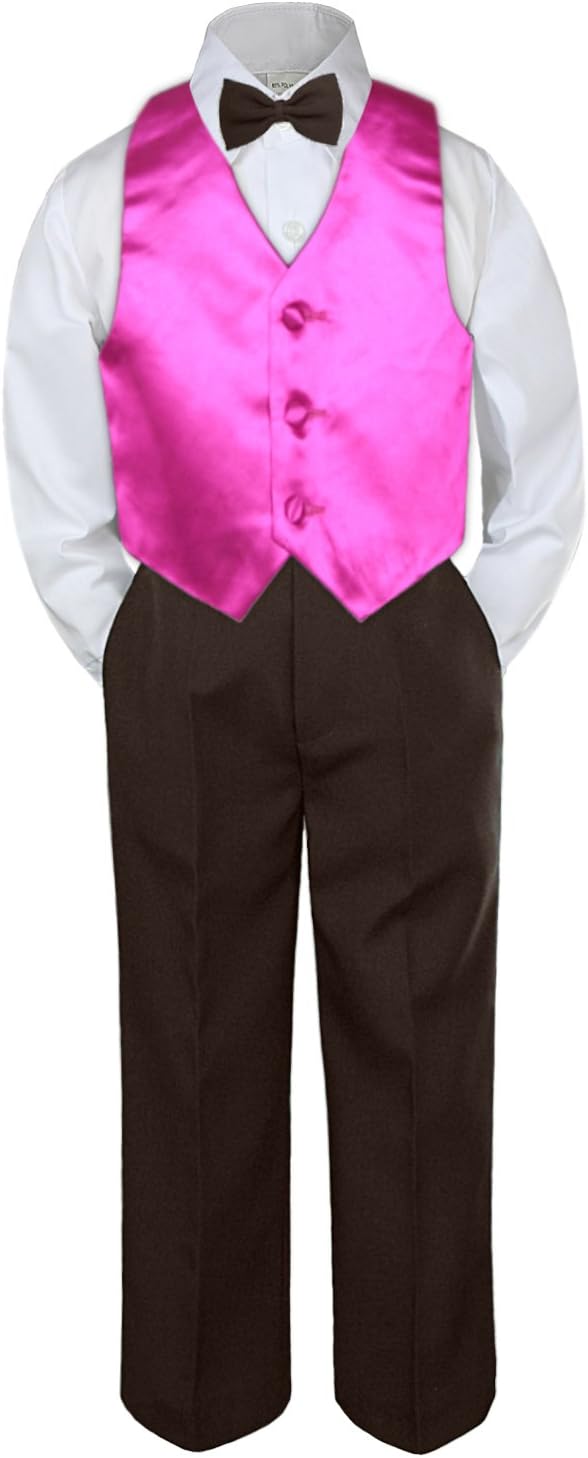 4pc Baby Toddler Boy Teen Classic Suit Brown Pants Shirt Vest Bow tie Set SM-4T