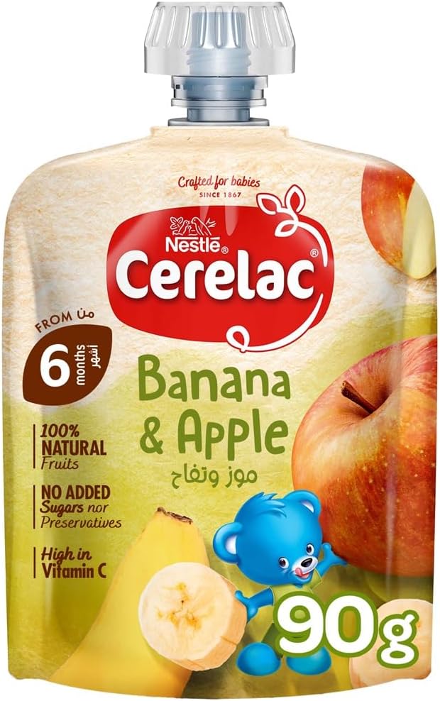 Nestle Cerelac Baby Food Fruits Puree Pouch Banana & Apple, High in Vitamin C, 100% Natural Fruits, No Added Sugars, No artificial flavors, No preservatives. 90G (6m+)