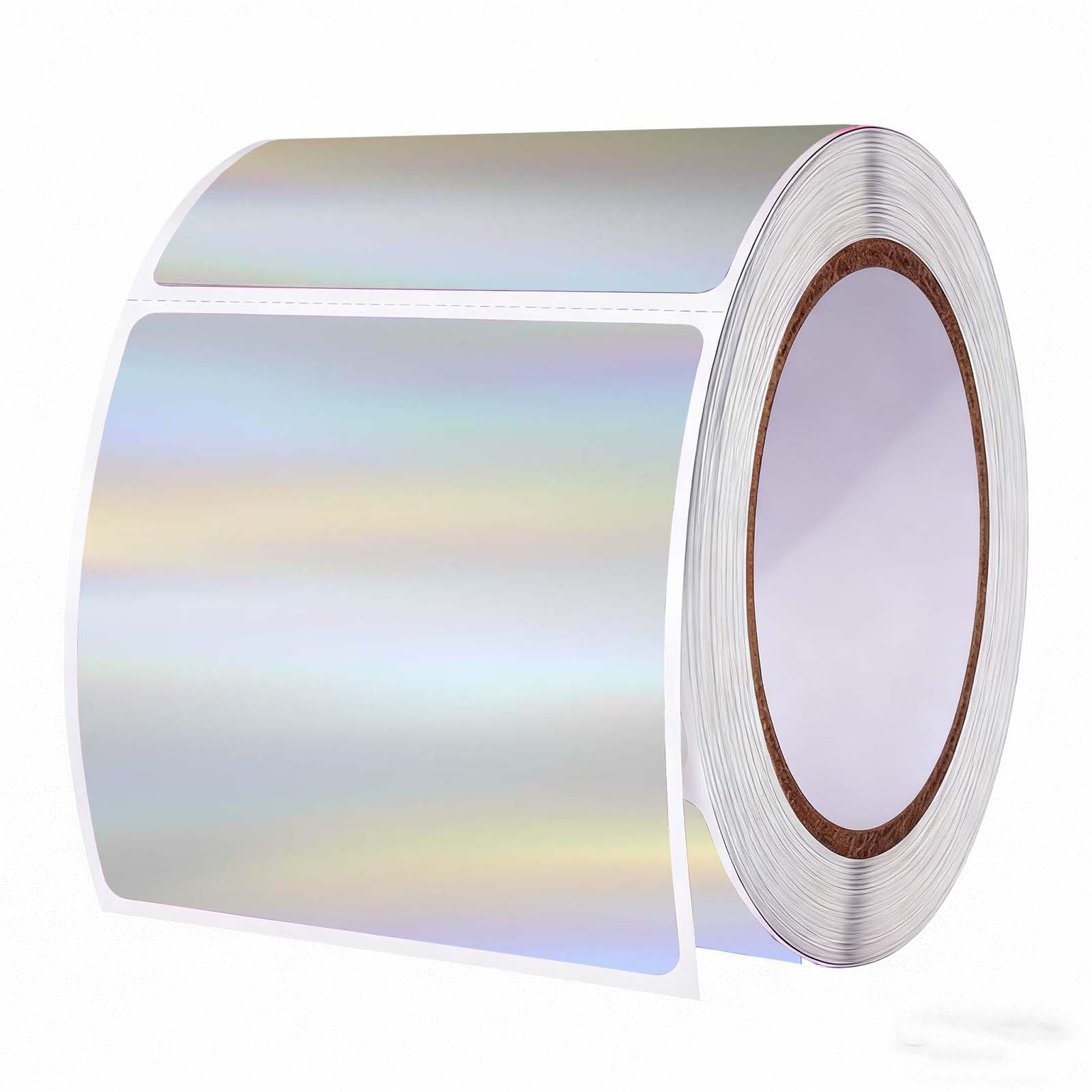 3 X 3 Inch Holographic Thermal Labels,Square Thermal Labels Stickers Waterproof Rainbow Printer Decals for Name Tag DIY Logo Design，200 Pcs/1 Roll (Silver)