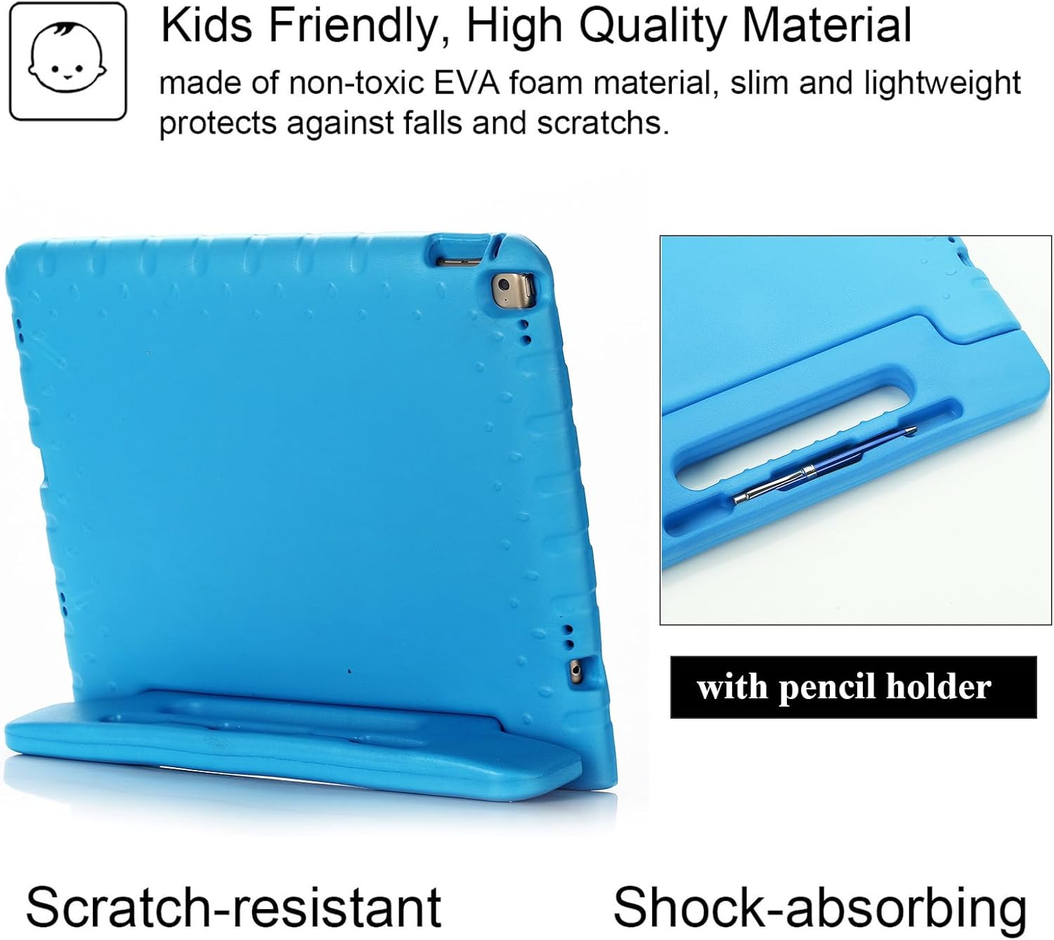 Kids Case for Apple iPad Pro 12.9 inch 2017/2015 Release (2nd/1st Generation) with Pencil Holder & Rotating Kickstand & Swivel Handle Soft EVA Foam Shockproof Rugged Folio Stand Cover, Blue