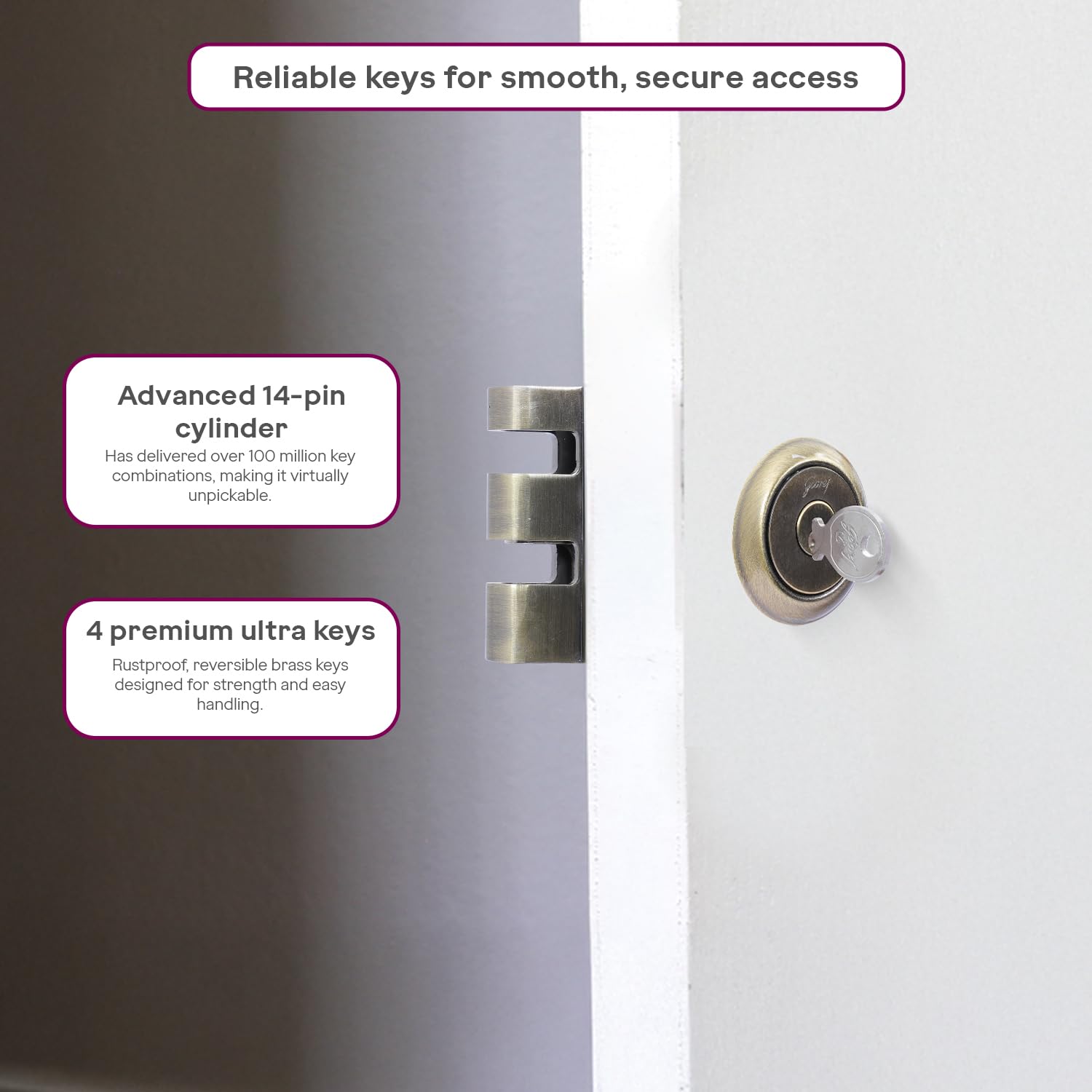 Godrej Rim Lock | Vertibolt Ultra | 2C Deadbolt | 14 Pin Cylinder | for Inside Opening, Double & Sliding Wooden Main Doors | 4 Keys | Manual Locking | Antique Brass Finish | 5 Year Warranty — Amazon image 4