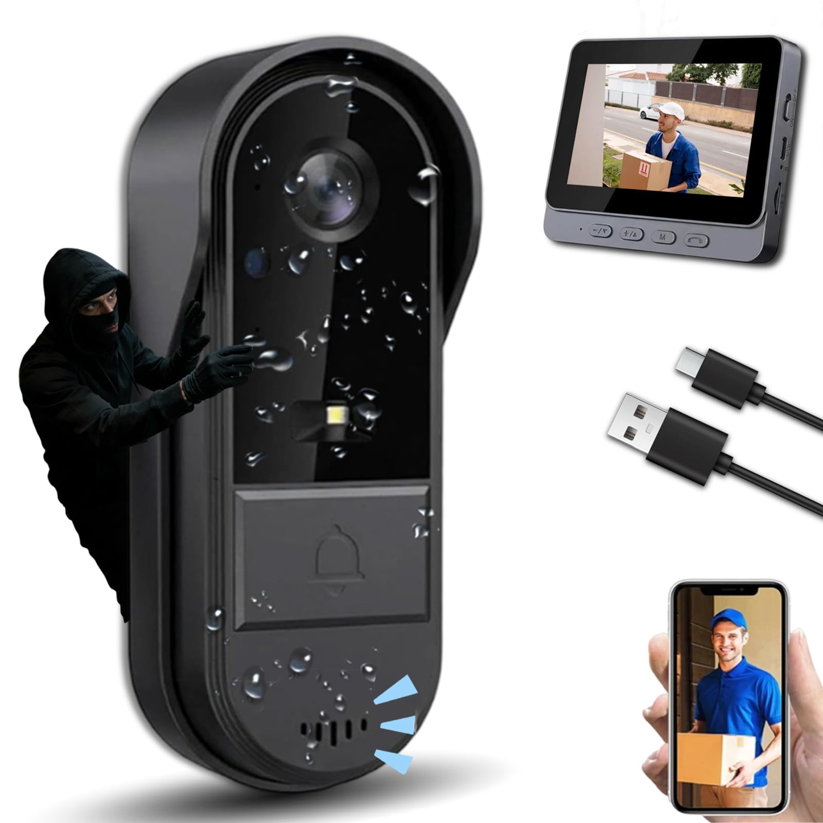 2026 New X8 Video Doorbell Camera, X8 Wireless Doorbell Camera with 4.3" HD Monitor, Ip65, 1080p, 170° Angle, Night Vision and Two-Way Audio, No Wifi, Rechargeable Battery for Home Security(no card)