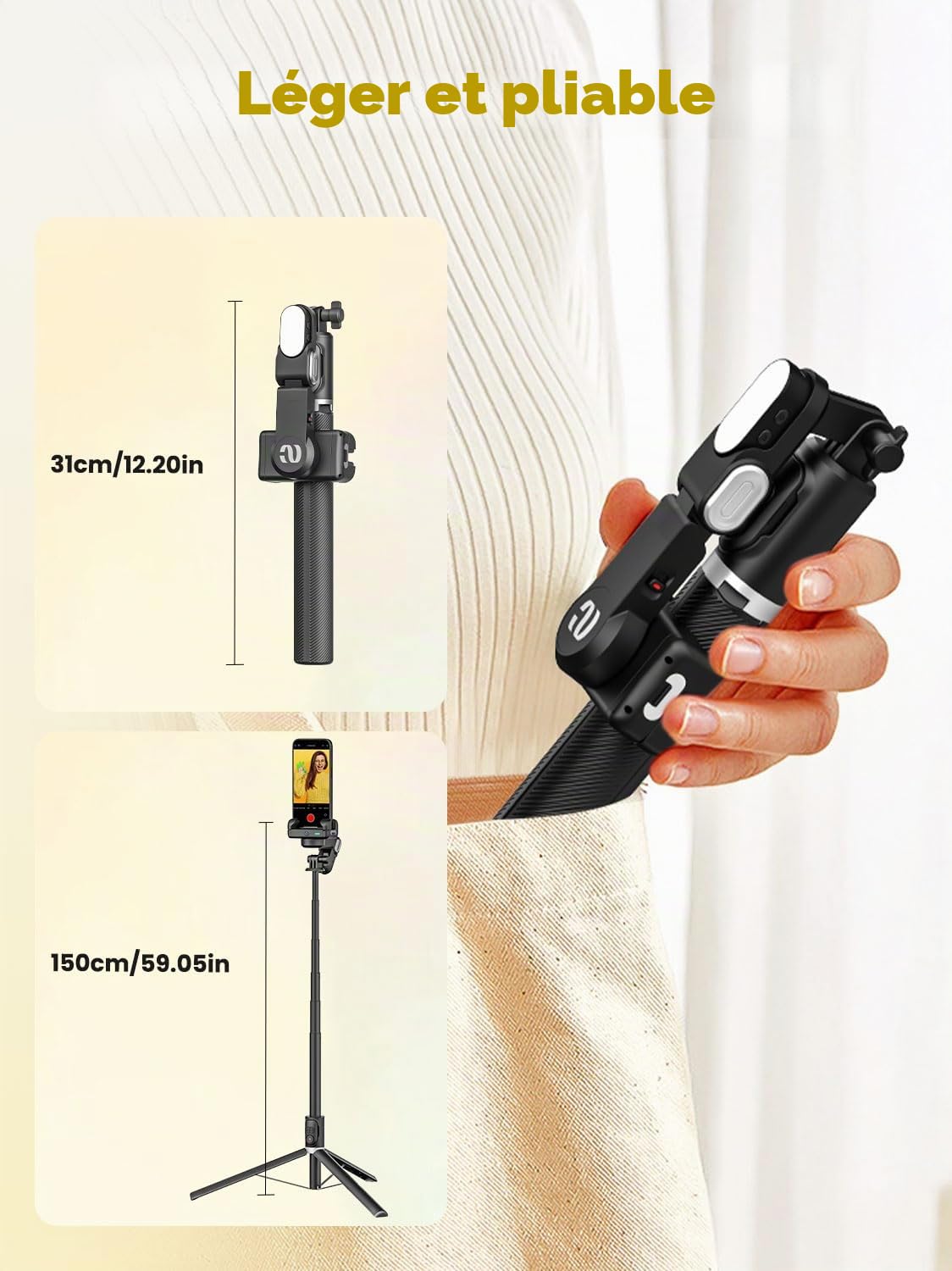 Stabilisateur de cardan avec Suivi du Visage sans Application, stabilisateur RVB 4 en 1, trépied portable pour iPhone et Android, Extension de 108 cm, AOCHUAN