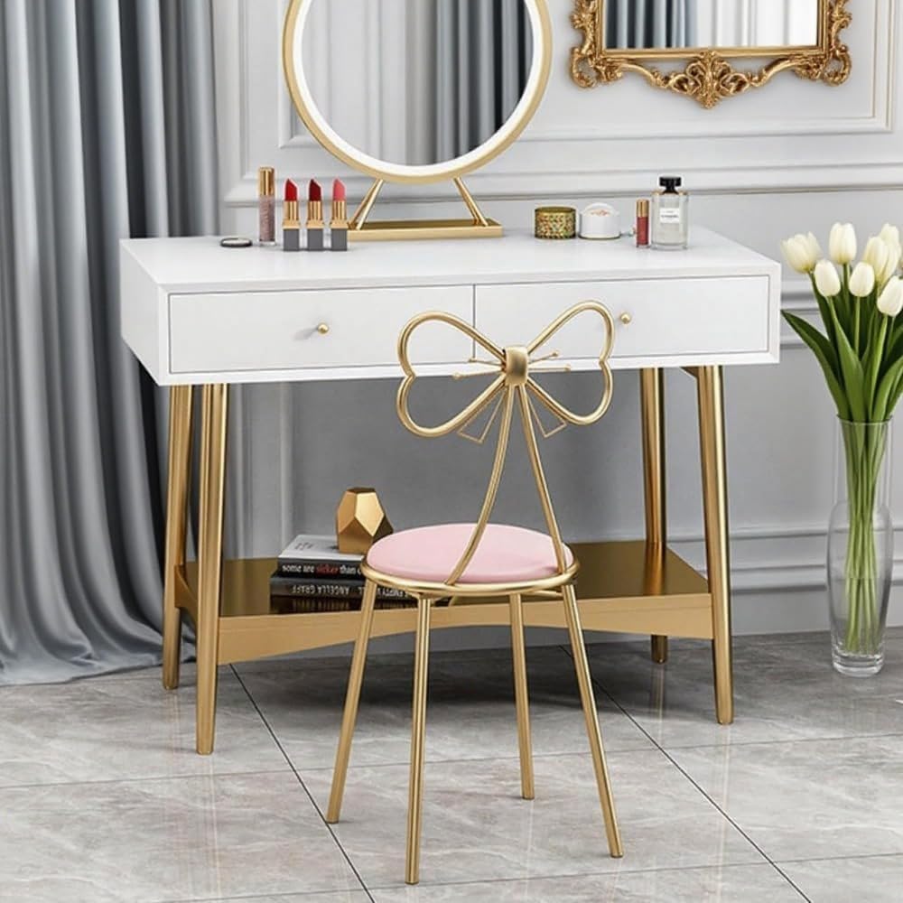 Sefoemut 化粧椅子 スワン绒・フランネル 柔らかい 北欧風 リボン装飾 金 PU レザー ベッドルーム・美容室・家庭用 (ピ