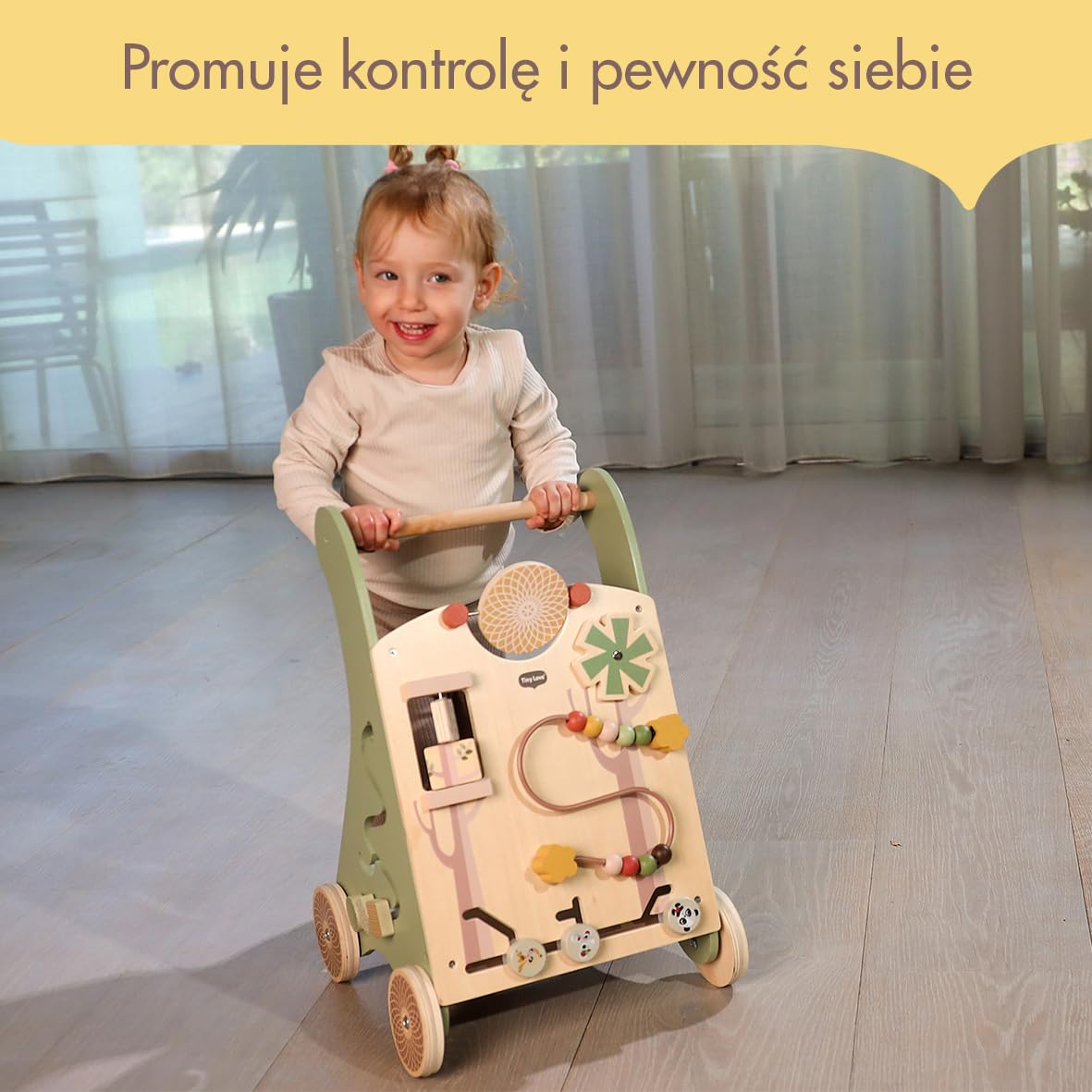 Tiny Love Drewniany chodzik, Interaktywny Chodzik edukacyjny 2 w 1, 12 interaktywnych zabaw, rozwija zdolności motoryczne, rozwój poznawczy, naturalna konstrukcja, od 18 miesięcy, Boho Chic