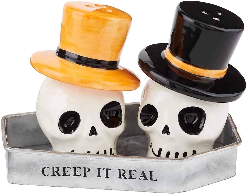 Mud Pie Halloween Skull Salt and Pepper Shaker, 3 Piece Set