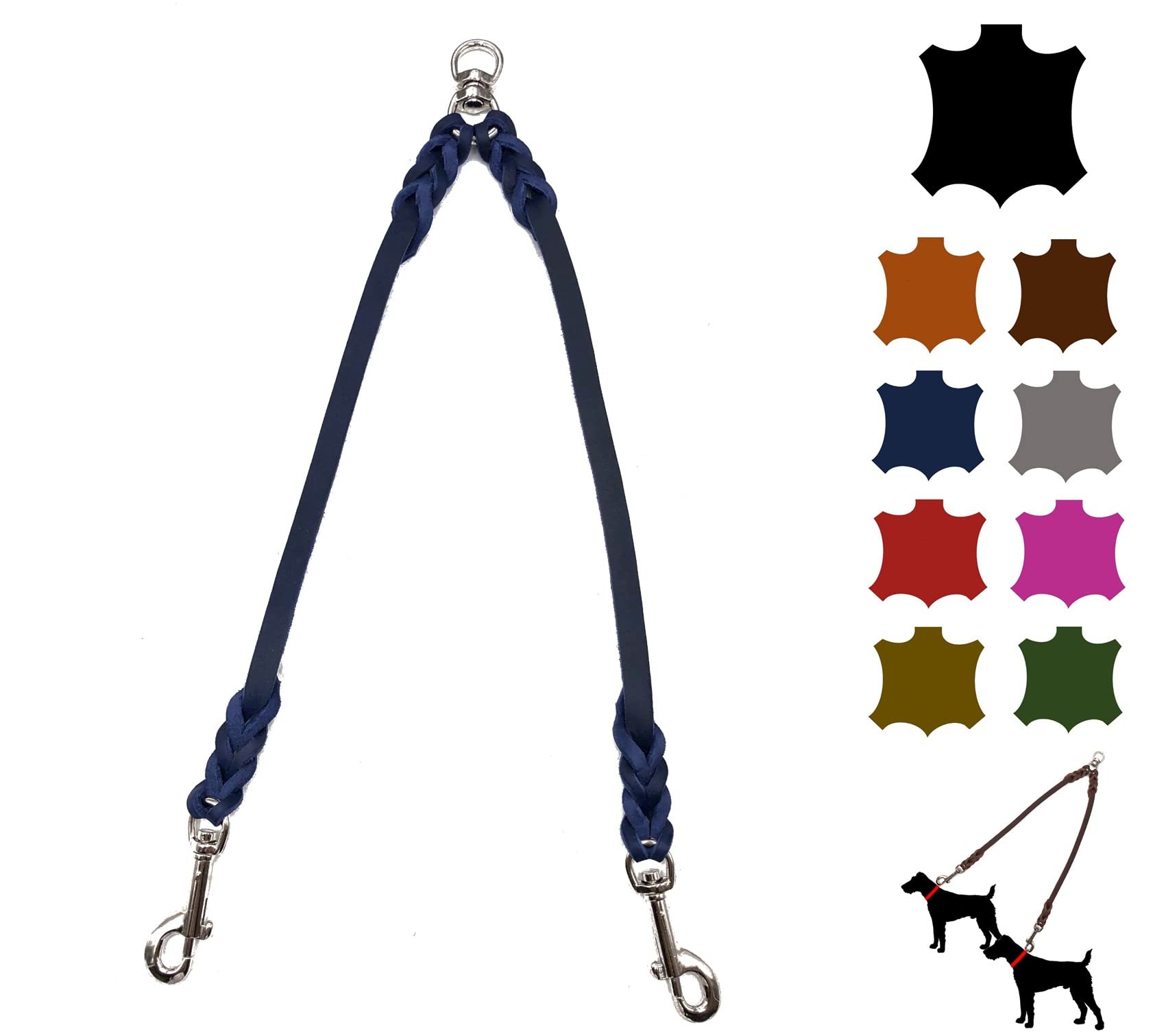 Doppelleine für 2 Hunde/Koppelleine Fettleder/Verbindungsleine Kleine und Große Hunde (45cm Breite: 8mm, Marineblau)