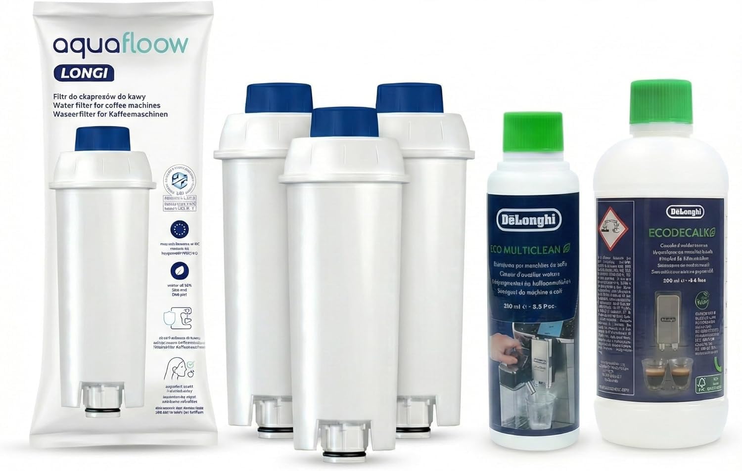 Aquafloow Kit Mantenimiento Compatible con DeLonghi – 3 Filtros de Agua (sustituye DLSC002), Descalcificador EcoDecalk 500 ml, Limpiador Leche Eco MultiClean 250 ml