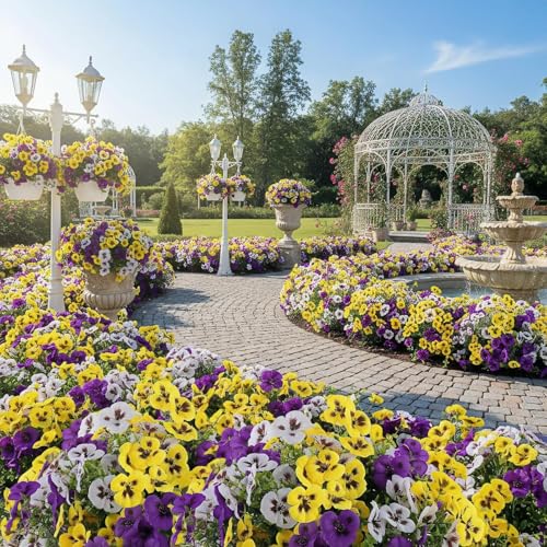 Artificial Pansies Flowers for Outdoor, UV Resistant Fake Flowers, No Fade Realistic Silk Pansy for Porch Planter Garden Patio Yard (24, Purple/White/Yellow) image 5