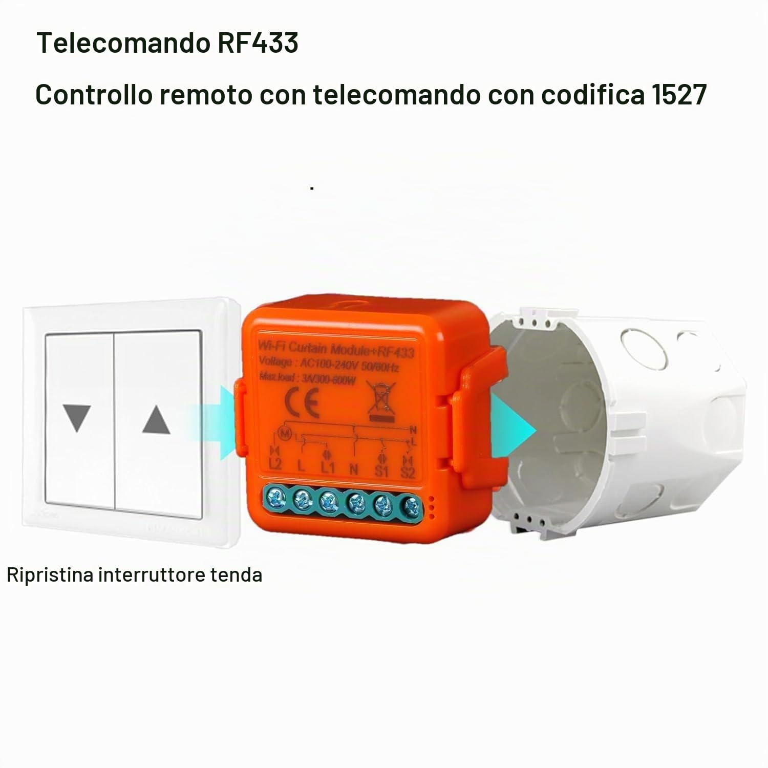 Interruttore Tapparelle WiFi RF, 3 Pezzi, con Telecomando RF 433MHz | Modulo per Tapparelle Elettriche, Compatibile con Alexa e Google Home, Relè Wireless per Persiane Avvolgibili, 300W