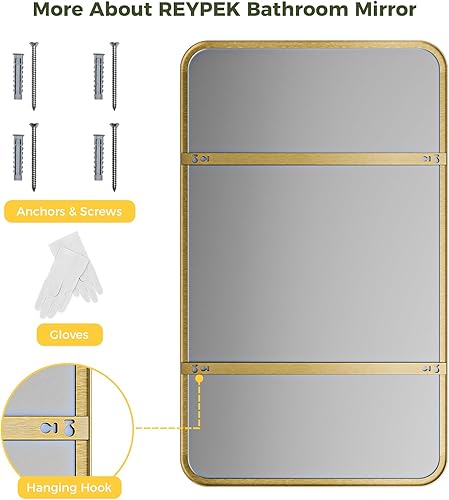 Miniatura 6 de Espejo de baño dorado de 22 x 30 pulgadas, espejo de pared dorado con marco de metal cepillado, espejo rectangular grande y redondeado para baño,