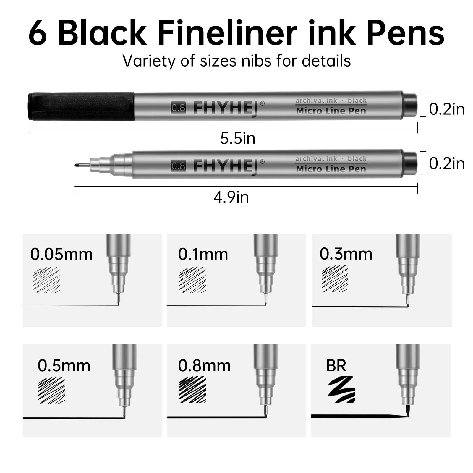 Fhyhej Micro Fineliner Drawing Art Pens: 6 Black Fine Line Ink Set Artist Supplies Archival Inking Markers Liner Professional Sketch Outline Anime Sketching Artist Illustration Watercolor
