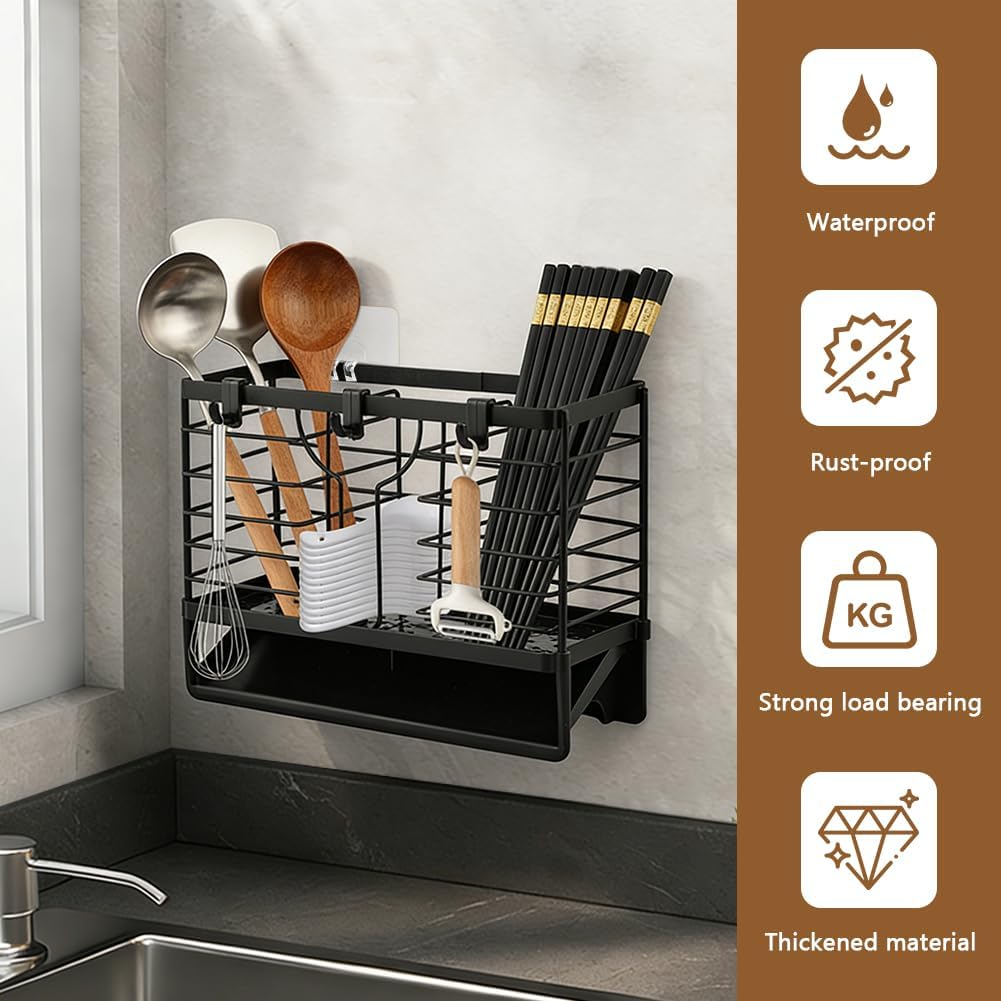 Utensil Holder, Kitchen Drying Rack with Drain Tray, 3 Compartment