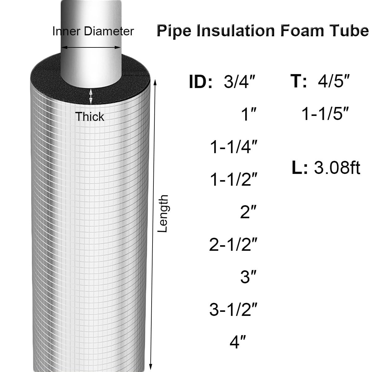 Tubo isolante in schiuma isolante per tubi in alluminio - Tubo flessibile in schiuma, lunghezza 9 m, dimensioni multiple (ID 3/4 "x T 4/5")