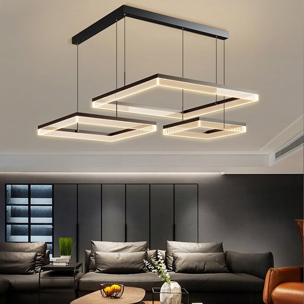 Dimmbarer moderner Kronleuchter 68W schwarzes Aluminium LED Acryl Kücheninselleuchte mit Fernbedienung Wohnzimmer große Beleuchtung quadratische Pendelleuchte für Schlafzimmer Restaurant Hotel