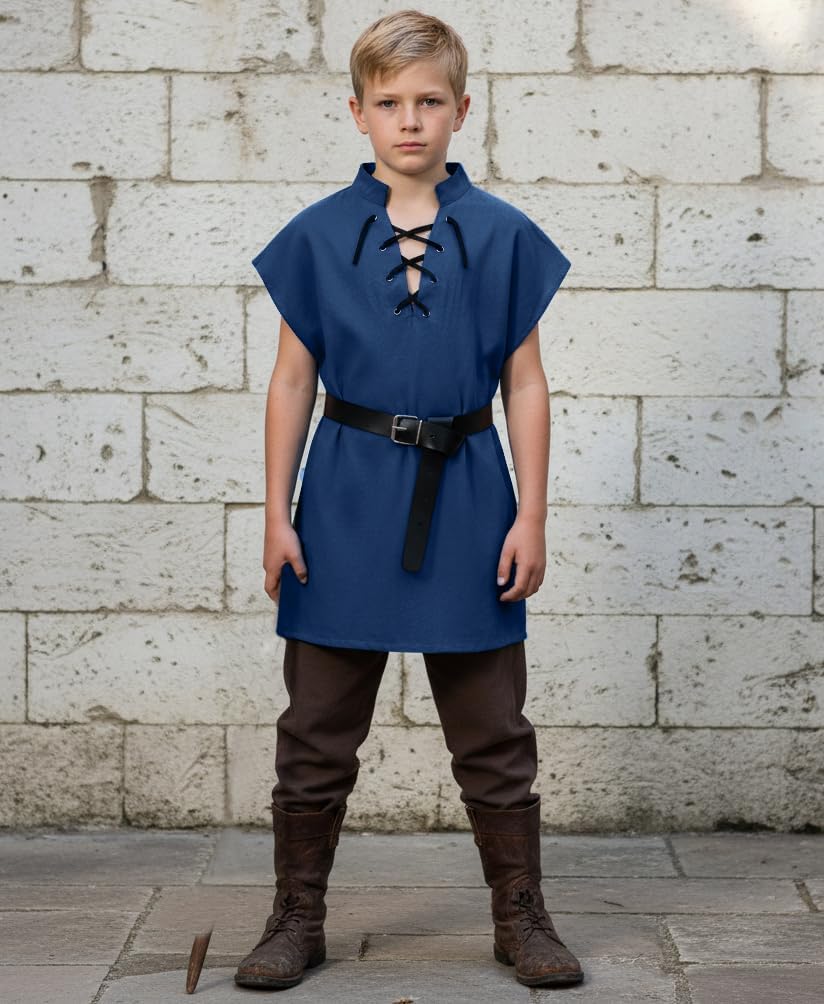 Kids Medieval Viking Tunic Pirate Renaissance Retro Costume Shirt witn Belt for Boys Halloween Cosplay 3-12 Years - Image 2