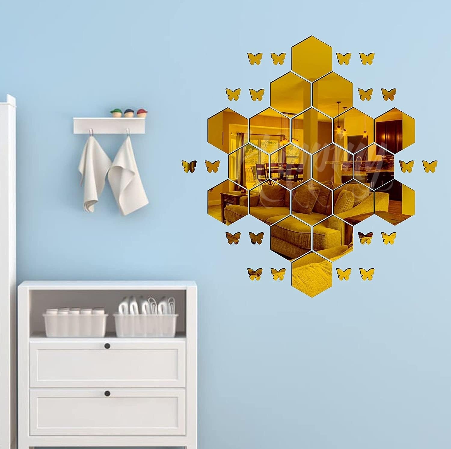 HAPPINY Acrylic Mirror Wall Stickers 20 Hexagon (10.5 x 12.1 cm) & 20 Butterflies Golden (4.8 x 3.1 cm) (Golden)