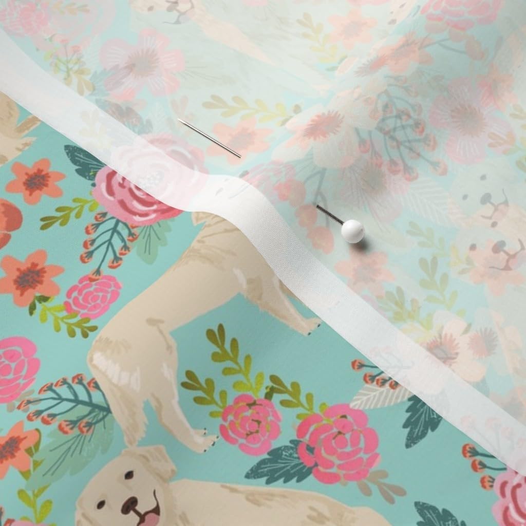 Spoonflower Fabric - Golden Retriever Dog Dogs Florals Flowers Cute Nursery Girls Pastel Printed on Chiffon Fabric by The Yard - Sewing Fashion Apparel Dresses Home Decor