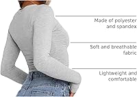 Vista 10 de Blusa corta básica casual para mujer, ajustada, manga larga, cuello redondo, color sólido, para otoño, camiseta ajustada Gris claro