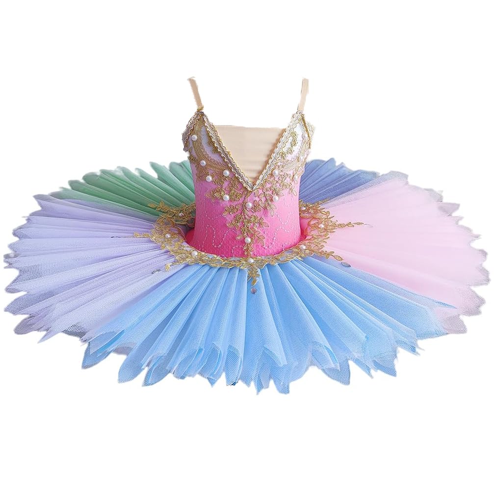 Falda de Tutú de Ballet Colorida para Niña, Vestido de Panqueque con Leotardo de Perlas, Ropa de Baile Elegante, Traje de Baile de Bailarina, Ropa de Baile de Rendimiento (110 cm)