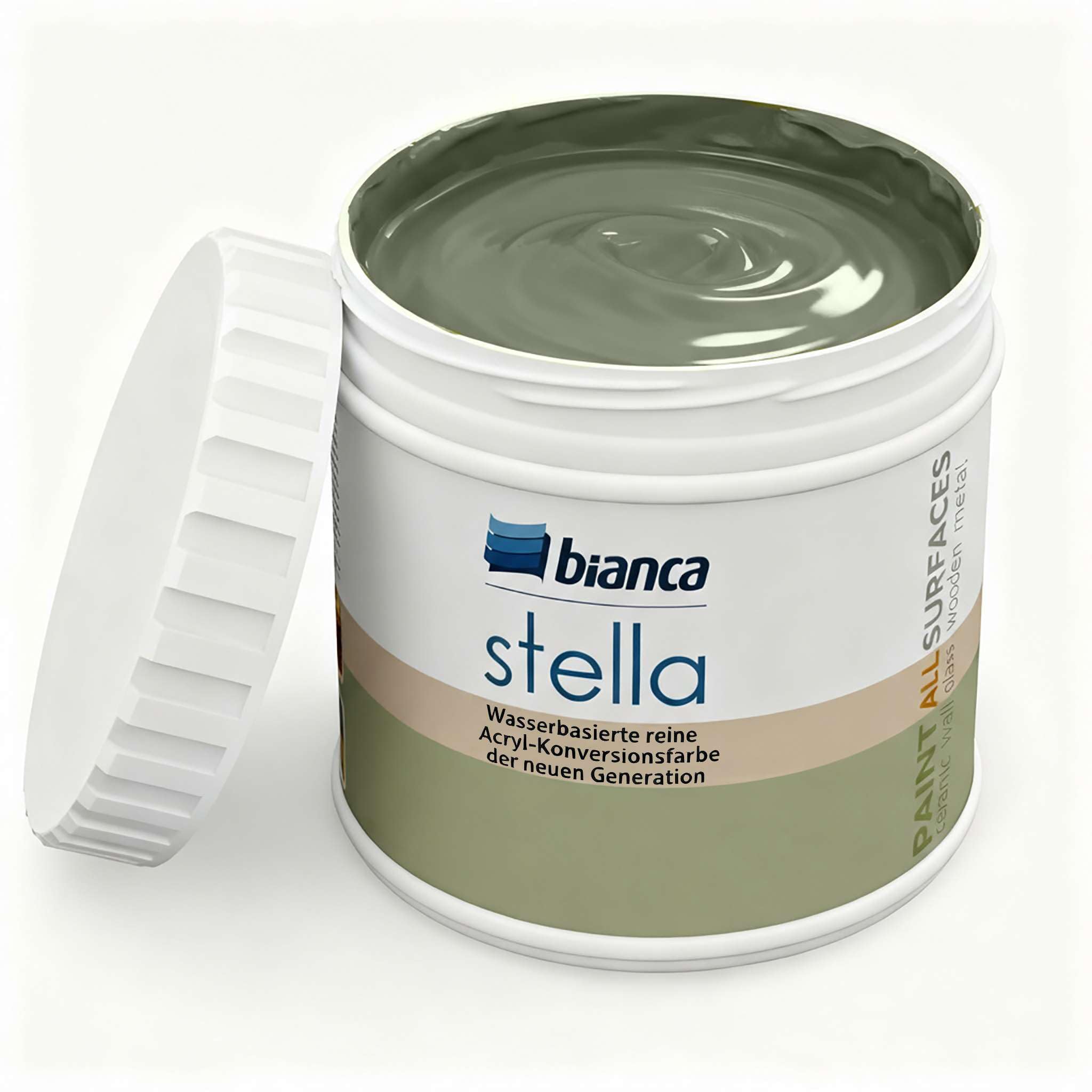 Bianca Stella Universalfarbe Ohne Schleifen - Wasserbasierte Parfümierte Renoiverfarbe für Möbel, Holz, Fliesen, Metall & Kunststoff - Olivgrün, Glänzend, Kratzfest, Hochdeckend, 500ml