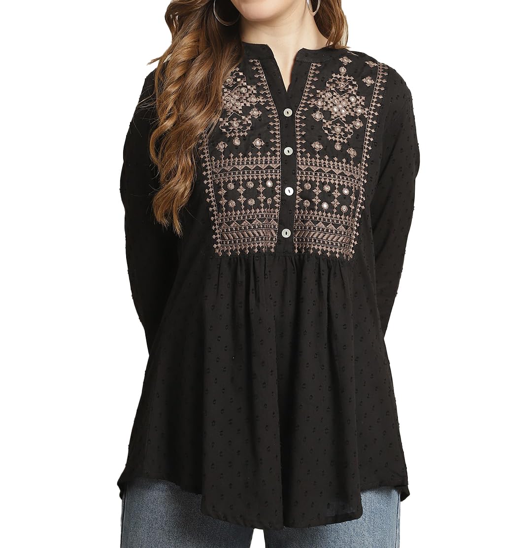 ladyline Womens 100% Cotton Jacquard Button Down Flat Collar V Neck Mirror Embroidered Peplum Top Flowy Tunic Shirt