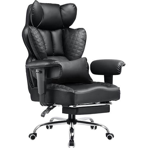 COMHOMA Big and Tall Office Chair 400LBS Wide Ergonomic Gaming Chair with Deluxe Embossing Designed Leather with Foot Rest,150°Reclining Adjustable Armrests Pocket Spring Back Support and Pillow