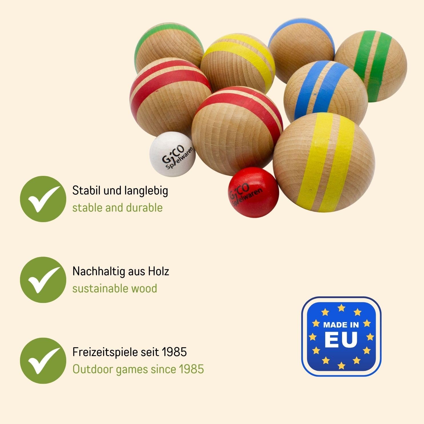 GICO - Juego de petanca de madera maciza a rayas con 8 bolas de diámetro 7 cm fabricado en la UE - 3015