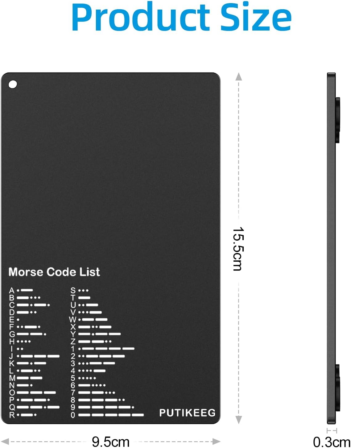 Diagram showing the dimensions of the PUTIKEEG MCL-01 Morse Code Reference Plate