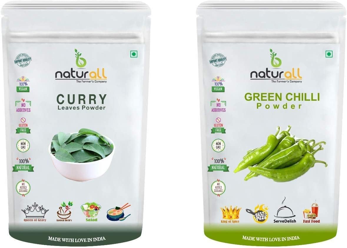 CROW Curry Leaf Powder + Green Chilli Powder (Hari Mirchi Powder) – 200 GM Each (Super Saver Combo Pack) by B Naturall
