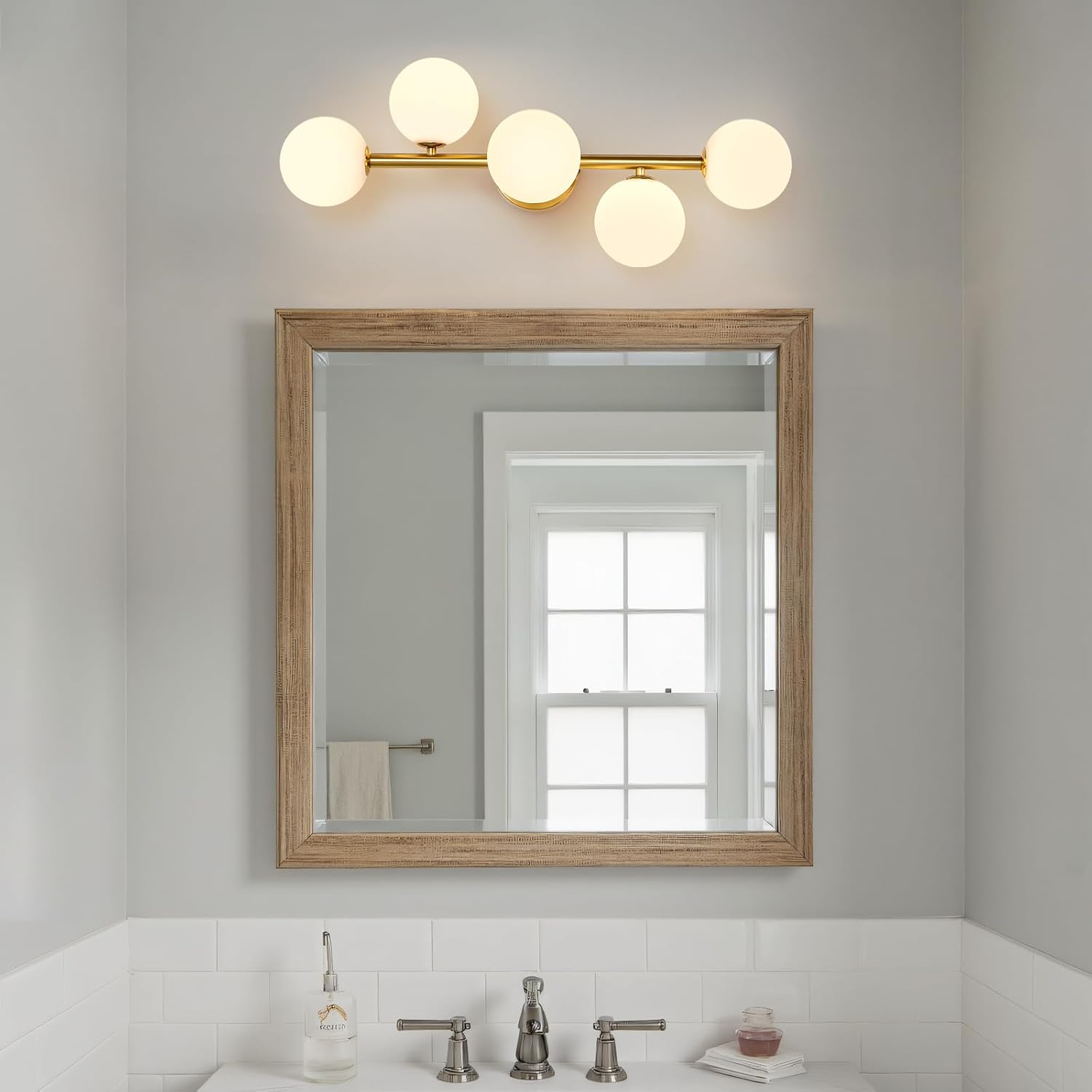Gold Brass Globe Vanity Light - Vintage Milk Glass Wall Sconce - Sphere Alabaster Single Lights Fixture - Mid Century Modern White Wall Mounted Sconces for Bathroom Bedroom Living Room Entryway Porch