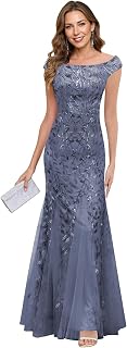 Mother of The Bride Dresses for Women - Off Shoulder Sleeveless Formal Gala Sequin Lace Gown