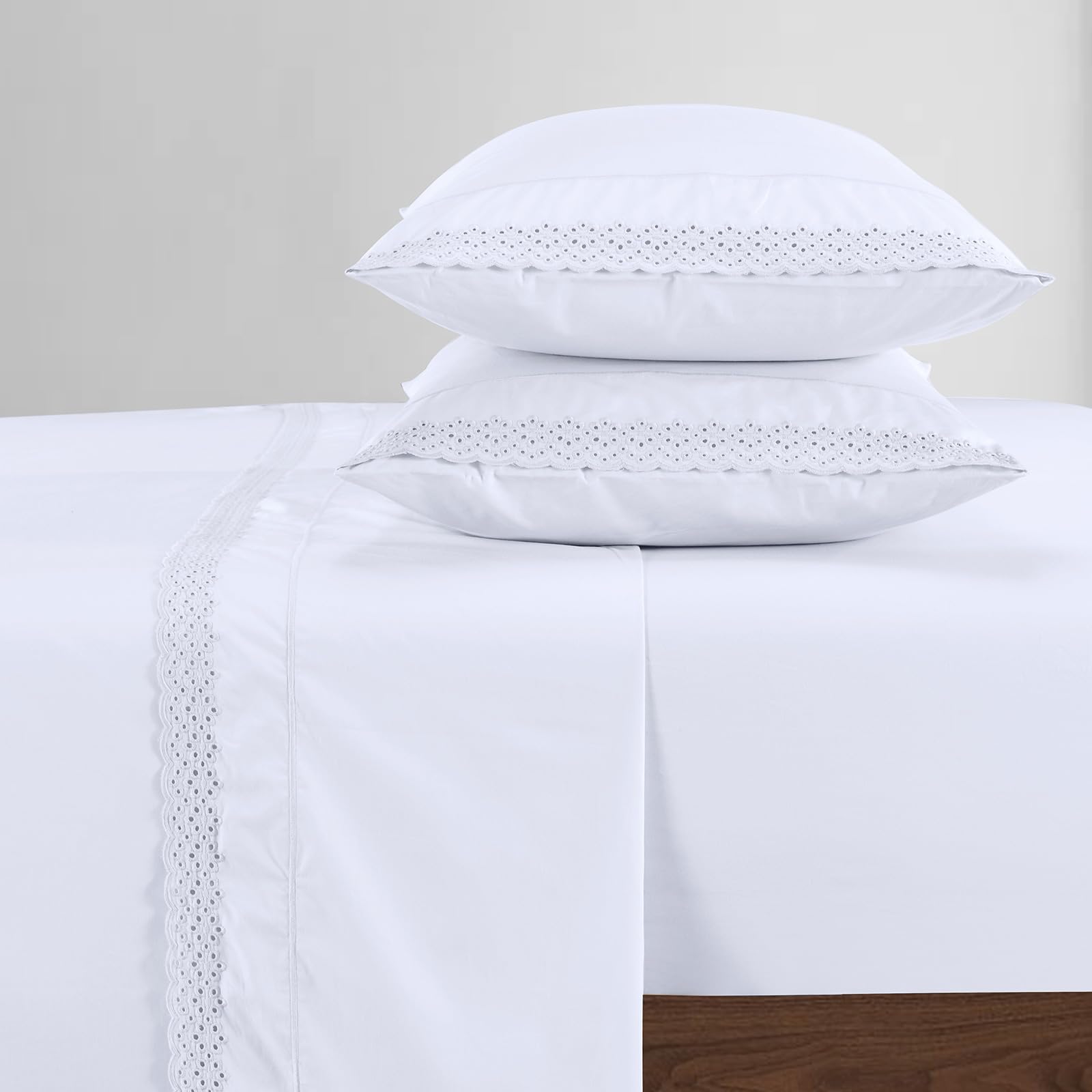 PANDATEX 100% Combed Cotton Percale Sheets Set White Calking Size Deep Pocket Embroidered Eyelet Lace Sheets Crisp Cool Breathable Bed Sheets for Hot Sleepers