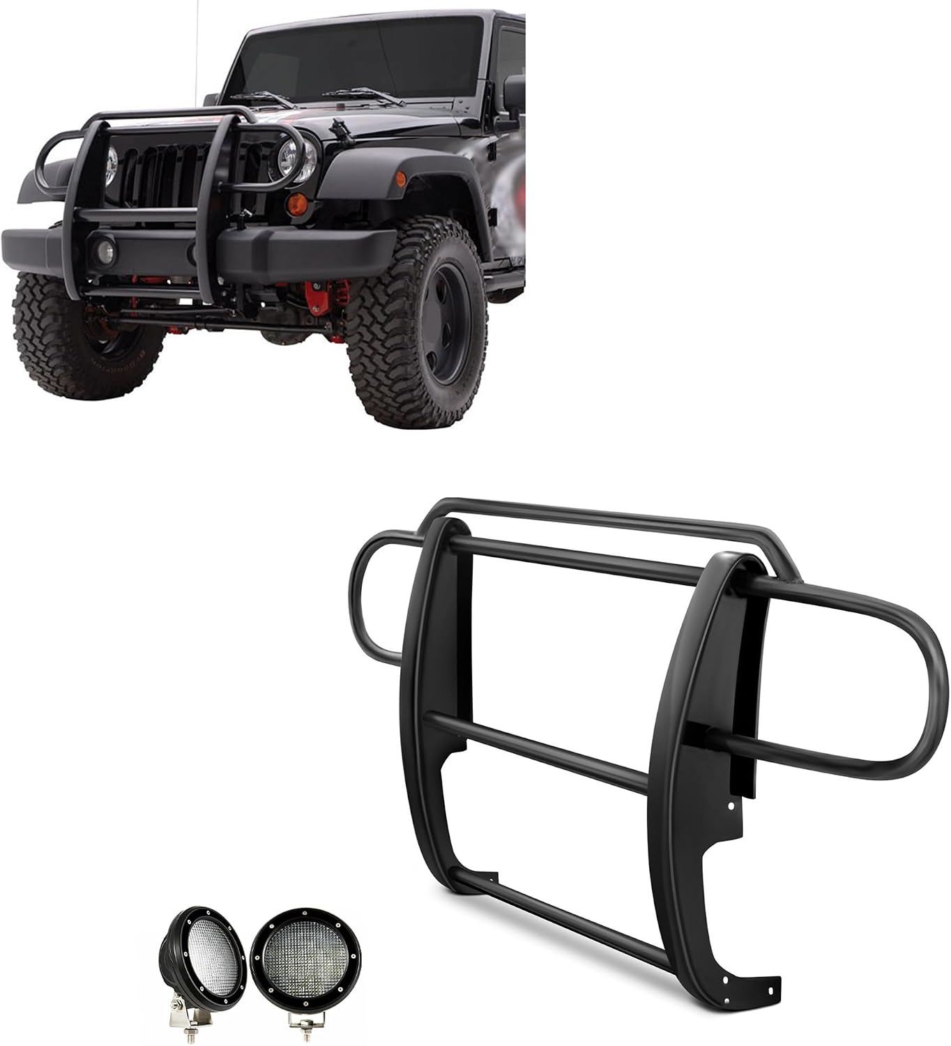 Black Horse Grille Brush Bumper Guard Modular Black Come with Pair of 5.3" Dia.LED Lights with Black Trim Rings Compatible with 2007-2017 Jeep Wrangler-17JPWRMA-PLFB